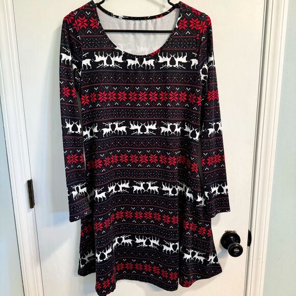 Women’s Festive Print Christmas Dress with Pockets - Picture 1 of 4